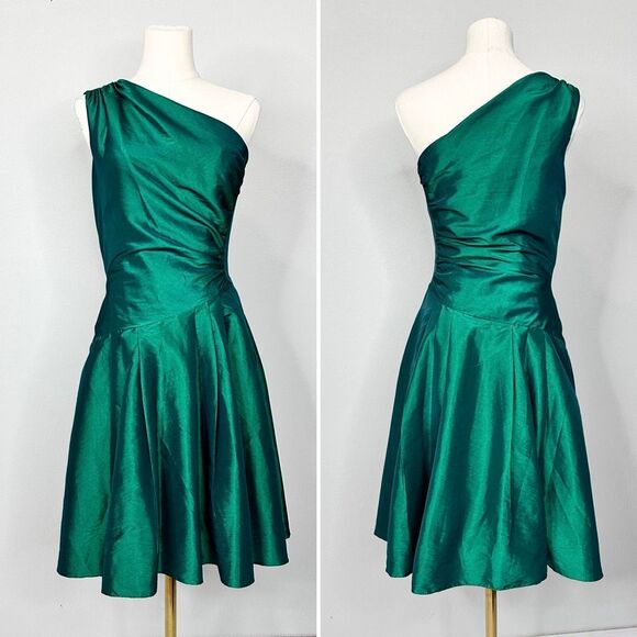 Vtg Scott McClintock Emerald One-Shoulder Taffeta Dress Sz 8 Fits Small Holidays - Picture 2 of 10